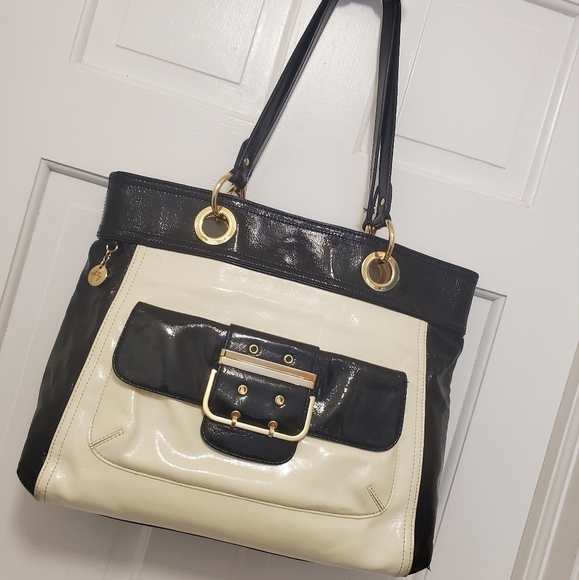 Milly of New York Black & Ivory White Patent Tote/Shoulder Bag - Picture 1 of 12